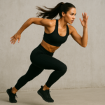 woman in a black outfit, fit and strong sprinting and she is very muscular