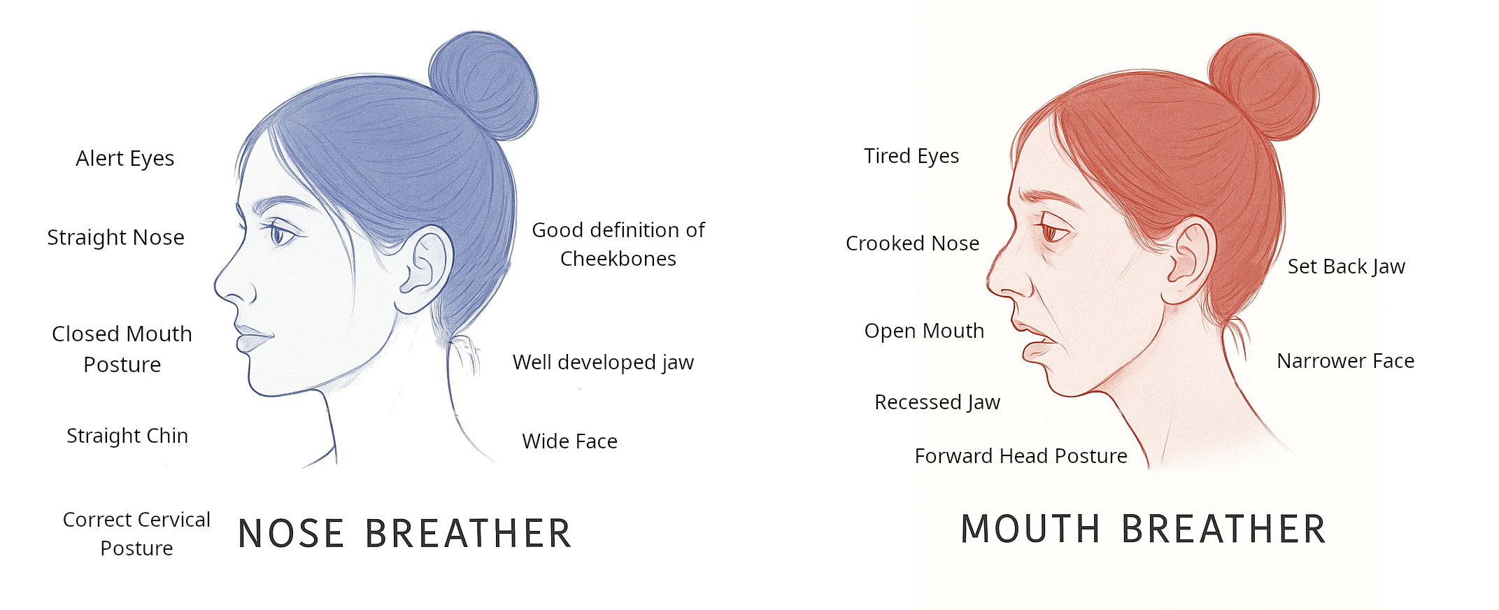 diagram of a mouth breather vs a nose breather with red and blues